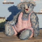 Alice is a very sweet and pretty one of a kind traditional mohair artist teddy bear by Barbara Ann Bears with hand knitted wool dungarees, she stands 13.5 inches/34 cm tall and is 9.5 inches 24 cm sitting. Alice was made in the 1990s in pale blue mohair.