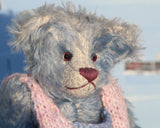 Alice is made from a wonderful soft pale blue mohair, it is fairly long and a little sparse with a paler backcloth which makes her face and expression easier to see, it's not a type of mohair that is made any more which makes her just that little bit extra special. Jasmine has pale blue wool felt paw pads and gorgeous translucent rose coloured glass eyes, she has a splendid, carefully embroidered nose and a relaxed and demure expression.