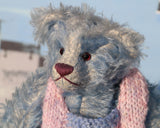 Alice is made from a wonderful soft pale blue mohair, it is fairly long and a little sparse with a paler backcloth which makes her face and expression easier to see, it's not a type of mohair that is made any more which makes her just that little bit extra special. Jasmine has pale blue wool felt paw pads and gorgeous translucent rose coloured glass eyes, she has a splendid, carefully embroidered nose and a relaxed and demure expression.