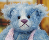 Alice is made from a wonderful soft pale blue mohair, it is fairly long and a little sparse with a paler backcloth which makes her face and expression easier to see, it's not a type of mohair that is made any more which makes her just that little bit extra special. Jasmine has pale blue wool felt paw pads and gorgeous translucent rose coloured glass eyes, she has a splendid, carefully embroidered nose and a relaxed and demure expression.