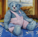 Alice is a very sweet and pretty one of a kind traditional mohair artist teddy bear by Barbara Ann Bears with hand knitted wool dungarees, she stands 13.5 inches/34 cm tall and is 9.5 inches 24 cm sitting. Alice was made in the 1990s in pale blue mohair, with rose coloured glass eyes and pale blue wool felt paw pads