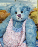 Alice is a very sweet and pretty one of a kind traditional mohair artist teddy bear by Barbara Ann Bears with hand knitted wool dungarees, she stands 13.5 inches/34 cm tall and is 9.5 inches 24 cm sitting. Alice was made in the 1990s in pale blue mohair.