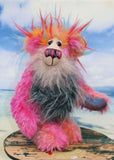 Anoushka Flambé a joyous celebration of colourful happiness, a one of a kind artist bear in hand dyed mohair & faux fur by Barbara-Ann Bears. Anoushka Flambé stands 10 inches( 25 cm) tall and is 7.5 inches ( 19 cm) sitting, this doesn't include her flaming hair which adds another 2.5 inches (7cm).