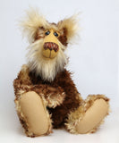 Balthazar is a magnificent and very handsome, one of a kind, artist teddy bear by Barbara-Ann Bears in a gorgeous fluffy and batik mohair, he stands 19.5 inches (50 cm) tall and is 15 inches (38 cm) sitting.