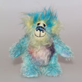 Bim-Bam is a very happy little teddy bear, a one of a kind artist bear by Barbara-Ann Bears in beautiful blue hand dyed mohair and faux fur.  Bim-Bam is quite a little bear, he stands just 5.5 inches/14 cm tall and is 4.5 inches/11 cm sitting. Bim-Bam wants to see you smiling and laughing, just to enjoyyour company.