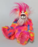 Bing-Bong is a colourful, fun-loving and comical, one of a kind, artist bear by Barbara-Ann Bears in luxurious mohair and rather wild faux fur, he stands 13 inches (33 cm) tall and is 10.5 inches (27 cm) sitting. He is mostly made from a multicoloured faux fur, it has patches of magenta, orange, yellow, blue and violet
