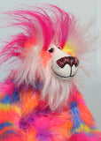 Bing-Bong's face and the fronts of his ears are a long white mohair and on top of his head head he has a plume of long and fluffy magenta faux fur. Bing-Bong has beautiful hand painted glass eyes with eyelids, a wonderfully embroidered nose, sewn from individual threads to match his colouring and he has a huge beaming smile.