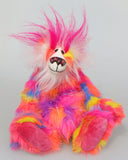 Bing-Bong is a colourful, fun-loving and comical, one of a kind, artist bear by Barbara-Ann Bears in luxurious mohair and rather wild faux fur, he stands 13 inches (33 cm) tall and is 10.5 inches (27 cm) sitting. He is mostly made from a multicoloured faux fur, it has patches of magenta, orange, yellow, blue and violet