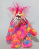 Bing-Bong is a colourful, fun-loving and comical, one of a kind, artist bear by Barbara-Ann Bears in luxurious mohair and rather wild faux fur, he stands 13 inches (33 cm) tall and is 10.5 inches (27 cm) sitting. He is mostly made from a multicoloured faux fur, it has patches of magenta, orange, yellow, blue and violet