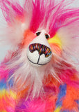 Bing-Bong's face and the fronts of his ears are a long white mohair and on top of his head head he has a plume of long and fluffy magenta faux fur. Bing-Bong has beautiful hand painted glass eyes with eyelids, a wonderfully embroidered nose, sewn from individual threads to match his colouring and he has a huge beaming smile.
