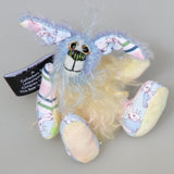 Bluebell is a small and sweet, one of a kind rabbit in beautifully coloured mohair and designer bunny fabric by Barbara Ann Bears, she stands just 5 inches/13 cm tall.  Bluebell is mostly made from a beautiful 'Peter Rabbit' cotton fabric with hand dyed blue and pale yellow mohair and hand dyed velvet paws.