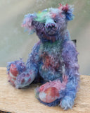 Braedon, a traditional, one of a kind artist teddy bear, in fabulous hand dyed mohair by Barbara Ann Bears, he stands 15 inches/38cm tall and is 10.5 inches/27cm sitting. Braedon is made from medium length distressed German mohair hand-dyed by Barbara  in shades of blue with splashes of pink, lilac, emerald and plum