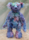 Braedon, a traditional, one of a kind artist teddy bear, in fabulous hand dyed mohair by Barbara Ann Bears, he stands 15 inches/38cm tall and is 10.5 inches/27cm sitting. Braedon is made from medium length distressed German mohair hand-dyed by Barbara  in shades of blue with splashes of pink, lilac, emerald and plum