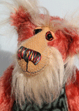 Billy 'Brains' McMurray, a cheerful, inquisitive and loveable one of a kind artist bear in by Barbara-Ann Bears, he stands 13.5 inches(34 cm) tall and is 10 inches ( 25 cm) sitting. Billy is made from a straight pile strawberry red mohair with brown tipping, his tummy is a turquoise faux fur with a brain coral pattern