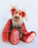 Billy 'Brains' McMurray, a cheerful, inquisitive and loveable one of a kind artist bear in by Barbara-Ann Bears, he stands 13.5 inches(34 cm) tall and is 10 inches ( 25 cm) sitting. Billy is made from a straight pile strawberry red mohair with brown tipping, his tummy is a turquoise faux fur with a brain coral pattern