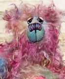 Bramble is a sweet and very cheerful, one of a kind artist bear, in hand dyed mohair by Barbara-Ann Bears Bramble stands 10 inches( 25 cm) tall and is 7.5 inches (19 cm) sitting. Bramble is a beautifully coloured and very happy teddy bear who is also wonderfully fluffy, he isn't a bear to dazzle but he is full of love and cuddles.