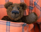 Bruce McCubbin is a sweet and happy little bear. Bruce likes to think he's a proper little bear, that he can go our into the woods to hunt elk and reindeer, well at least beetles and acorns and maybe a spider if it isn't too scary. A bigger spider will have him running back to you, climbing up your back, over your shoulder until he is right in front of your face demanding a cuddle, well he's just a sweet little bear and he's very good at warning you if big hairy spiders are about.