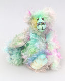 Bryn Bryn Bruin is an endearingly sweet and gentle one of a kind, hand dyed mohair artist bear by Barbara-Ann Bears. He stands 12.5 inches/ 32 cm tall and is 10 inches/ 25 cm sitting.  Bryn Bryn Bruin is a beautifully coloured bear, like the reflections on a calm sea just after sunset, a bear to lift your spirits and make you smile.