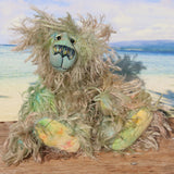 Byron is a wild thing, yet a very friendly wild thing, a one of a kind, hand dyed mohair artist bear by Barbara-Ann Bears, he stands 10.5 inches (26 cm) tall and is 8 inches (20 cm) sitting. He is made from a gorgeous, long, straggly mohair that Barbara has dyed in jade, turquoise with some green, amber and sky blue