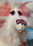 Camellia is a very beautiful, elegant and glamorous one of a kind artist bear by Barbara-Ann Bears in luxurious hand-dyed fluffy pink mohair She's 25 inches(64 cm) tall from her toes to her head and is 18 inches(46 cm) sitting from her bottom to her head, she has flexible knees and bent legs so she sits rather elegantly.