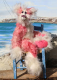 Camellia is a very beautiful, elegant and glamorous one of a kind artist bear by Barbara-Ann Bears in luxurious hand-dyed fluffy pink mohair She's 25 inches(64 cm) tall from her toes to her head and is 18 inches(46 cm) sitting from her bottom to her head, she has flexible knees and bent legs so she sits rather elegantly.
