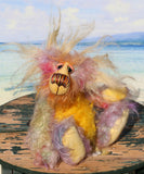 Cameron Chortles is a very happy teddy bear,he is quite colourful in a subdued way, a one of a kind, mohair artist bear by Barbara-Ann Bears Cameron Chortles is quite a little bear, he stands just 7 inches( 17 cm) tall and is 5 inches ( 13 cm) sitting, these measurements don't include his very fluffy ears which add another 2.5 inches (6cm).