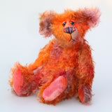 Chipotle is a wild and fiery, yet still very friendly, one of a kind artist bear in beautiful hand dyed mohair by Barbara-Ann Bears Chipotle stands 11 inches(28 cm) tall and is 8 inches (21 cm) sitting. Chipotle is a wild and shaggy chap, a bear who loves to walk across the hottest deserts, to be alone under the fiercest sun