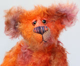 Chipotle is a wild and fiery, yet still very friendly, one of a kind artist bear in beautiful hand dyed mohair by Barbara-Ann Bears Chipotle stands 11 inches(28 cm) tall and is 8 inches (21 cm) sitting. Chipotle is a wild and shaggy chap, a bear who loves to walk across the hottest deserts, to be alone under the fiercest sun