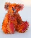 Chipotle is a wild and fiery, yet still very friendly, one of a kind artist bear in beautiful hand dyed mohair by Barbara-Ann Bears Chipotle stands 11 inches(28 cm) tall and is 8 inches (21 cm) sitting. Chipotle is a wild and shaggy chap, a bear who loves to walk across the hottest deserts, to be alone under the fiercest sun