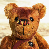 Chris Chuffington is a very happy and friendly, one of a kind, artist teddy bear made from vintage gold crushed velvet by Barbara Ann Bears Chris Chuffington stands 8 inches( 20 cm) tall and he is 6 inches (15 cm) sitting. Chris Chuffington is a wonderful, happy bear, he has a big happy smile and a perky happy nose