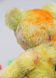 Chumley is an extremely lovable, sweet and happy one of a kind artist bear made from beautiful hand dyed mohair by Barbara Ann Bears Chumley stands just 8 inches (20 cm) tall and is 6 inches (15cm) sitting. He is made from a fairly short, straight pile mohair that Barbara has hand-dyed in a combination of spring colours