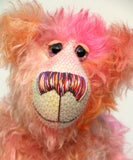 Clarence is a gentle, elegant and delicately colourful, one of a kind, hand dyed mohair, shaggy artist bear by Barbara-Ann Bears
