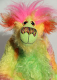 Cora B.Limey is wildly colourful and happy, one of a kind, hand dyed mohair, artist bear by Barbara-Ann Bears, a bear of tropical exuberance Cora B.Limey stands 14.5 inches( 37 cm) tall and is 11.5 inches (29 cm) sitting, this doesn't include her shock of hair which adds another 3 inches (7.5 cm) to those figures.