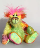Cora B.Limey is wildly colourful and happy, one of a kind, hand dyed mohair, artist bear by Barbara-Ann Bears, a bear of tropical exuberance Cora B.Limey stands 14.5 inches( 37 cm) tall and is 11.5 inches (29 cm) sitting, this doesn't include her shock of hair which adds another 3 inches (7.5 cm) to those figures.