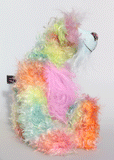 Cosmo is a gorgeous and gloriously colourful one of a kind artist bear in stunning hand dyed mohair and faux fur by Barbara-Ann Bears, she stands 16.5 inches( 42 cm) tall and is 12 inches ( 30 cm) sitting. Cosmo is mostly made from a long, wild mohair in colourful bands of blue, green, orange, gold, magenta and lime
