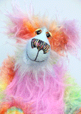 Cosmo is a gorgeous and gloriously colourful one of a kind artist bear in stunning hand dyed mohair and faux fur by Barbara-Ann Bears, she stands 16.5 inches( 42 cm) tall and is 12 inches ( 30 cm) sitting. Cosmo is mostly made from a long, wild mohair in colourful bands of blue, green, orange, gold, magenta and lime
