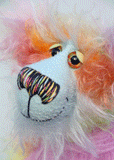 Cosmo is a gorgeous and gloriously colourful one of a kind artist bear in stunning hand dyed mohair and faux fur by Barbara-Ann Bears, she stands 16.5 inches( 42 cm) tall and is 12 inches ( 30 cm) sitting. Cosmo is mostly made from a long, wild mohair in colourful bands of blue, green, orange, gold, magenta and lime