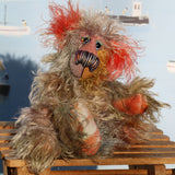 Cromarty is a wild, scraggly, scruffy bear, a one of a kind artist teddy bear in beautiful hand dyed mohair by Barbara-Ann Bears Cromarty stands 8.5 inches(24 cm) tall and is 7 inches (18 cm) sitting. Cromarty is a wild and shaggy chap, like a bearded collie he finds it very hard to keep the fur out of his eyes