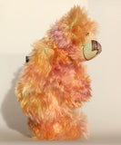 Daphne is made from a very long and luscious, straight pile mohair that Barbara has dyed in subtle blends of dusky fawn, peach and lilac. Daphne has hand dyed velvet paw pads which complement her colouring perfectly.  Daphne has large, beautiful, hand painted glass eyes with hand coloured, a wonderfully large nose embroidered from individual threads to match her colouring and a charming smile, she is stuffed with plastic pellets and polyester stuffing to make her a little heavier and more cuddly.