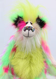 Dazzling Dave is a flamboyant fun-loving and comical, one of a kind, artist bear by Barbara-Ann Bears, he stands 13 inches/33 cm tall and is 10.5 inches/27 cm sitting. He is made of bright lime, pink, yellow and lavender faux fur, with lime paw pads, hand painted eyes, a beautiful multi coloured nose and a sweet smile