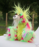 Dazzling Dave is a flamboyant fun-loving and comical, one of a kind, artist bear by Barbara-Ann Bears, he stands 13 inches/33 cm tall and is 10.5 inches/27 cm sitting. He is made of bright lime, pink, yellow and lavender faux fur, with lime paw pads, hand painted eyes, a beautiful multi coloured nose and a sweet smile