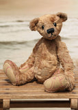 Eustace is a very lovable and sweet, one of a kind, traditional artist teddy bear made from gorgeous vintage mohair by Barbara-Ann Bears. Eustace stands 8 inches (20 cm) tall and is 6 inches (15 cm) sitting. Eustace is made from beige vintage German mohair with a faint design in red, with boot button eyes