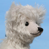 Fairbrother is a sweet and gentle, one of a kind, traditional artist teddy bear made from beautiful German mohair, by Barbara-Ann Bears Fairbrother stands 12 inches (30cm) tall and is 9 inches (23cm) sitting Fairbrother is made from beautiful, slightly wavy, silver German mohair which has a hint of lilac in the backing