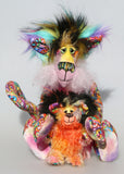 Faustus and Mousetopheles are a fantastically colourful, wild and kooky, one of a kind artist mouse and cat by Barbara Ann Bears, in cotton fabric, faux fur and mohair  Faustus stands 12.5 inches/31 cm tall and is 11 inches/27 cm sitting, Mousetopheles stands just 5 inches/12.5 cm tall and is 4 inches/10 cm sitting.