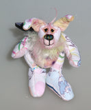 Floppity Flip-Flop is the tiniest and sweetest, one of a kind rabbit in beautifully coloured mohair and designer fabric by Barbara Ann Bears, she stands just 4.5 inches/11.5 cm tall, she is 3.3 inches/8cm sitting, she is made from a Peter Rabbit cotton fabric with a mohair face, tail and chest and hand dyed velvet,
