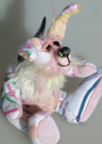 Floppity Flip-Flop is the tiniest and sweetest, one of a kind rabbit in beautifully coloured mohair and designer fabric by Barbara Ann Bears, she stands just 4.5 inches/11.5 cm tall, she is 3.3 inches/8cm sitting, she is made from a Peter Rabbit cotton fabric with a mohair face, tail and chest and hand dyed velvet,