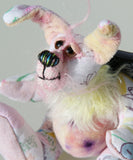 Floppity Flip-Flop is the tiniest and sweetest, one of a kind rabbit in beautifully coloured mohair and designer fabric by Barbara Ann Bears, she stands just 4.5 inches/11.5 cm tall, she is 3.3 inches/8cm sitting, she is made from a Peter Rabbit cotton fabric with a mohair face, tail and chest and hand dyed velvet,