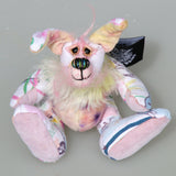 Floppity Flip-Flop is the tiniest and sweetest, one of a kind rabbit in beautifully coloured mohair and designer fabric by Barbara Ann Bears, she stands just 4.5 inches/11.5 cm tall, she is 3.3 inches/8cm sitting, she is made from a Peter Rabbit cotton fabric with a mohair face, tail and chest and hand dyed velvet,