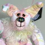 Floppity Flip-Flop is the tiniest and sweetest, one of a kind rabbit in beautifully coloured mohair and designer fabric by Barbara Ann Bears, she stands just 4.5 inches/11.5 cm tall, she is 3.3 inches/8cm sitting, she is made from a Peter Rabbit cotton fabric with a mohair face, tail and chest and hand dyed velvet,