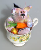 Floppity Flip-Flop is the tiniest and sweetest, one of a kind rabbit in beautifully coloured mohair and designer fabric by Barbara Ann Bears, she stands just 4.5 inches/11.5 cm tall, she is 3.3 inches/8cm sitting, she is made from a Peter Rabbit cotton fabric with a mohair face, tail and chest and hand dyed velvet,